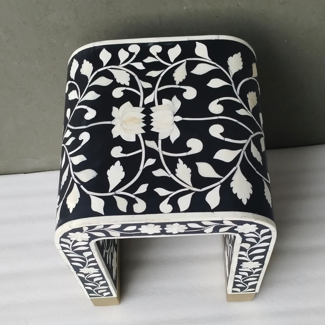 Black Bone Inlay Side Table – Handmade Floral Accent Stool