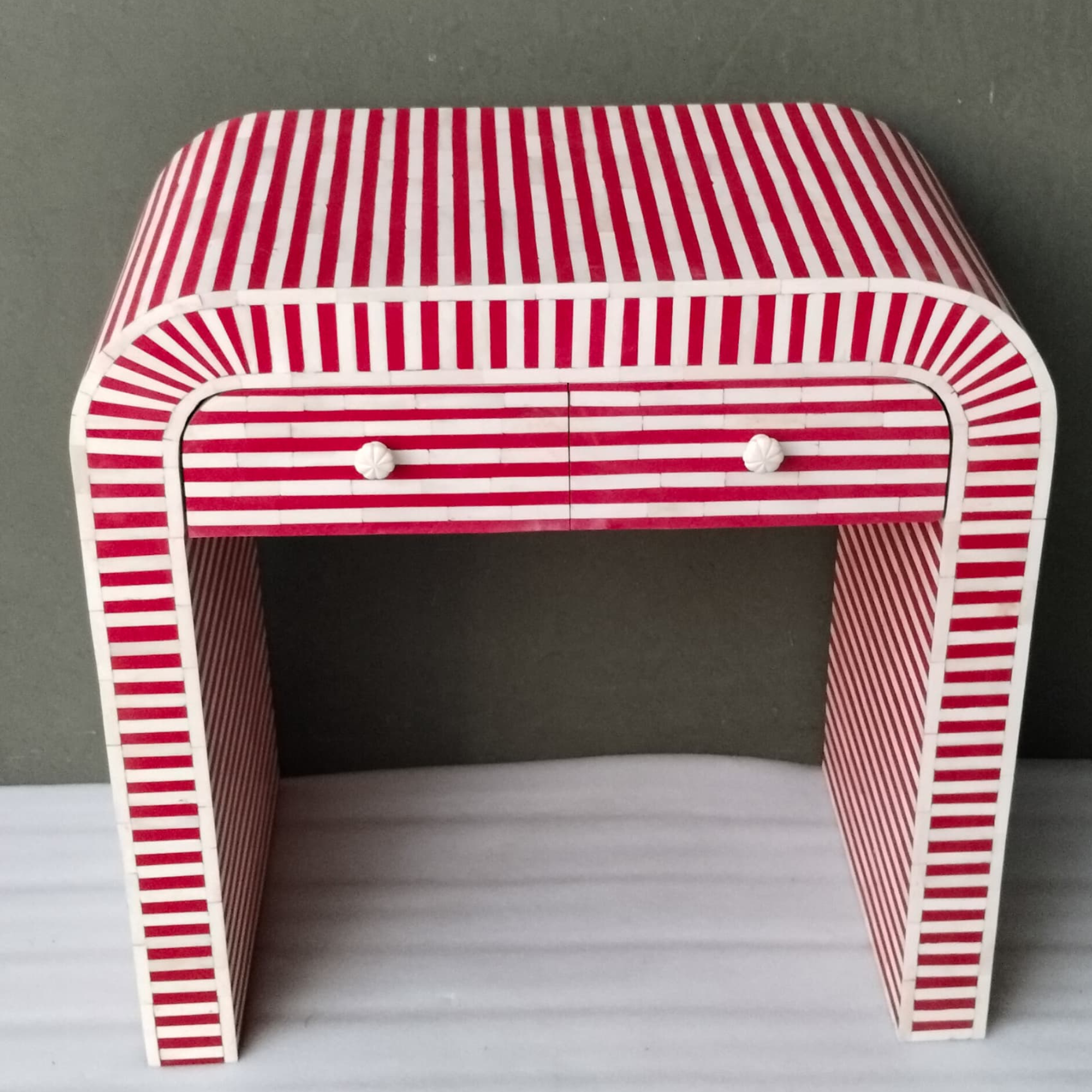Handmade Bone Inlay Console Table – Red White Striped Entryway Table, Modern Hallway Table, Luxury Inlay Furniture