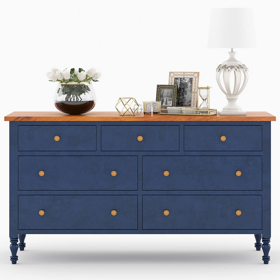 Blue Solid Wood 7 Drawer Dresser, Handmade Wooden Sideboard, Two Tone Storage Cabinet, Luxury Bedroom Furniture, Modern Classic Console