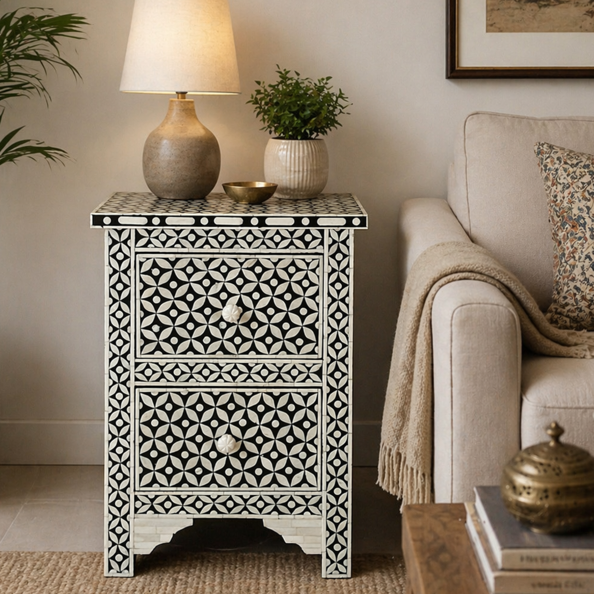 Handmade Bone Inlay Bedside Table with 2 Drawers – Black White Geometric Nightstand, Modern Inlay Furniture, Luxury Bedroom Side Table