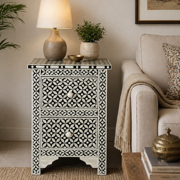 Handmade Bone Inlay Bedside Table with 2 Drawers – Black White Geometric Nightstand, Modern Inlay Furniture, Luxury Bedroom Side Table