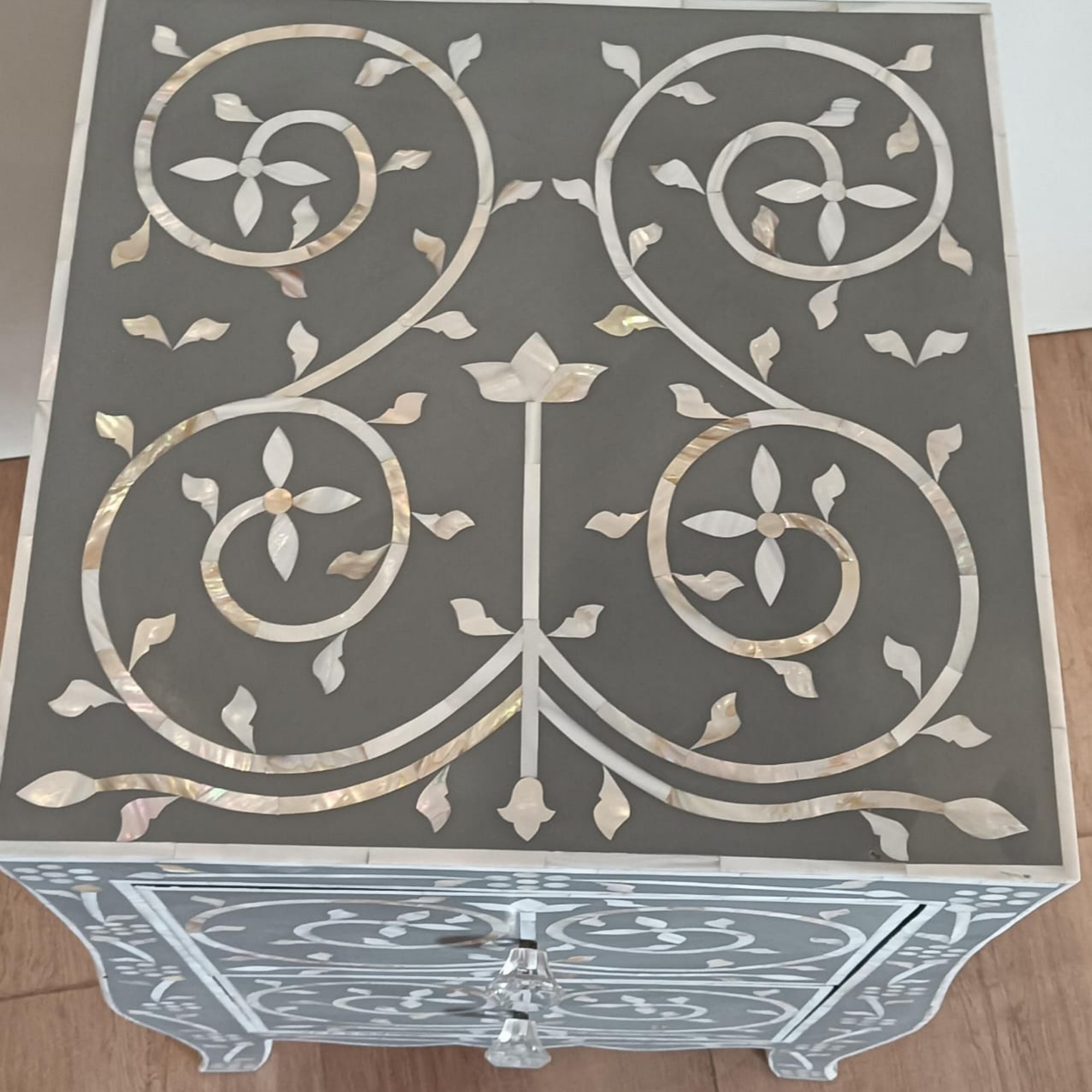 Handmade Black Mother of Pearl Inlay 2 Drawer Bedside Table