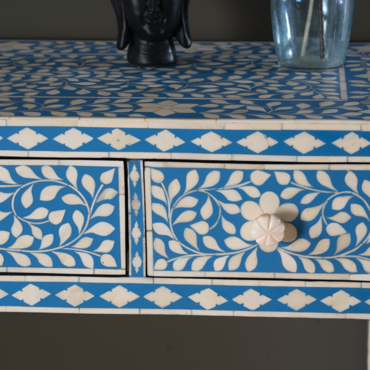 Blue Bone Inlay Console Table with 3 Drawers | Handmade Floral Entryway Console