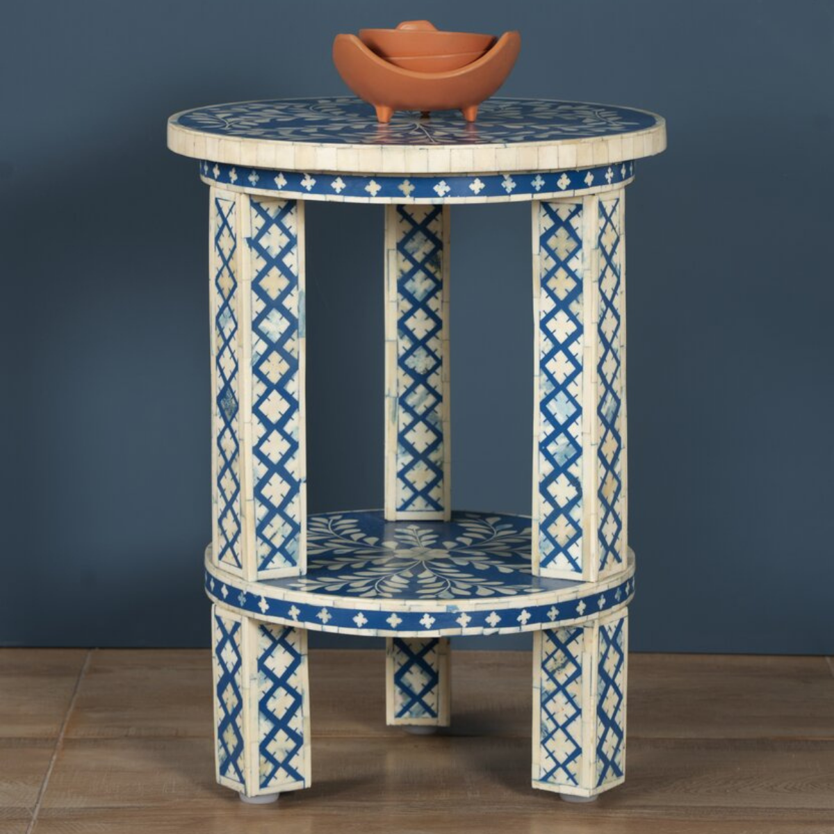 Blue Bone Inlay Round Side Table | Handmade Two-Tier Accent End Table