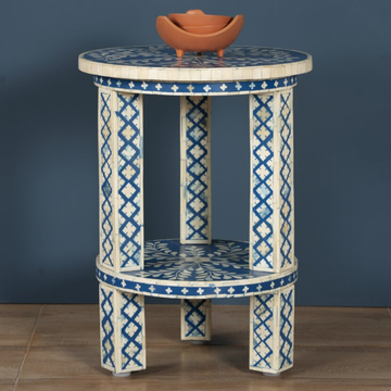 Blue Bone Inlay Round Side Table | Handmade Two-Tier Accent End Table