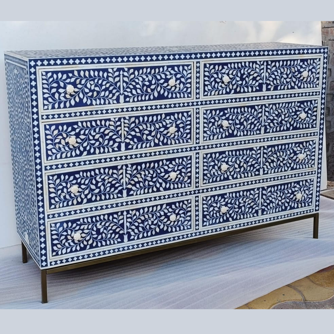 Handmade Blue & White Bone Inlay Dresser – Floral 8 Drawer Chest with Brass Base
