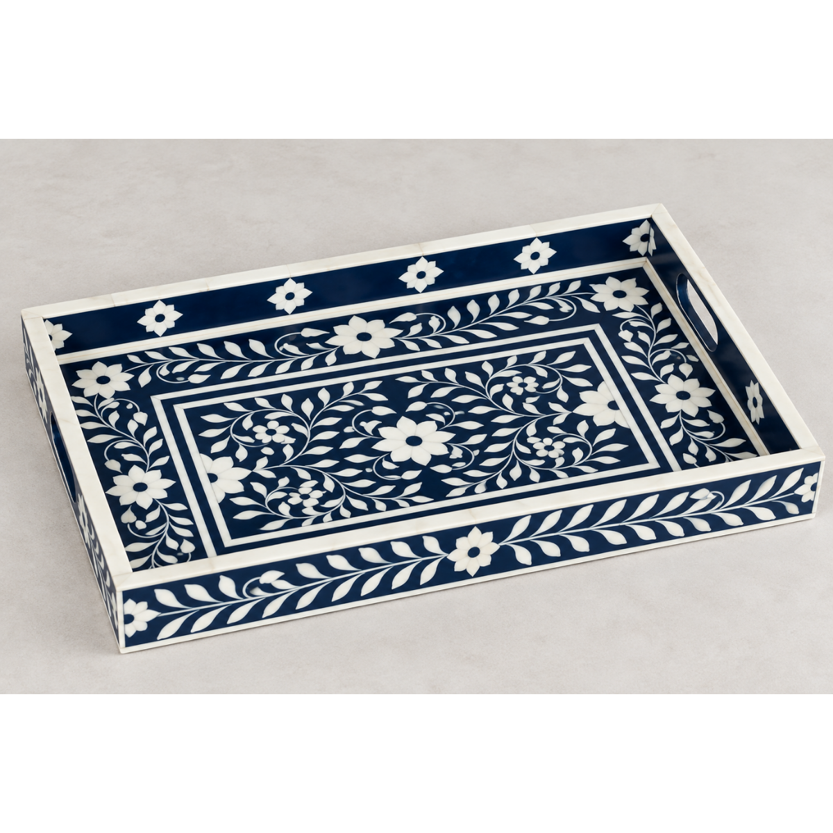 Handmade Navy Blue Bone Inlay Serving Tray – Floral Design with Handles