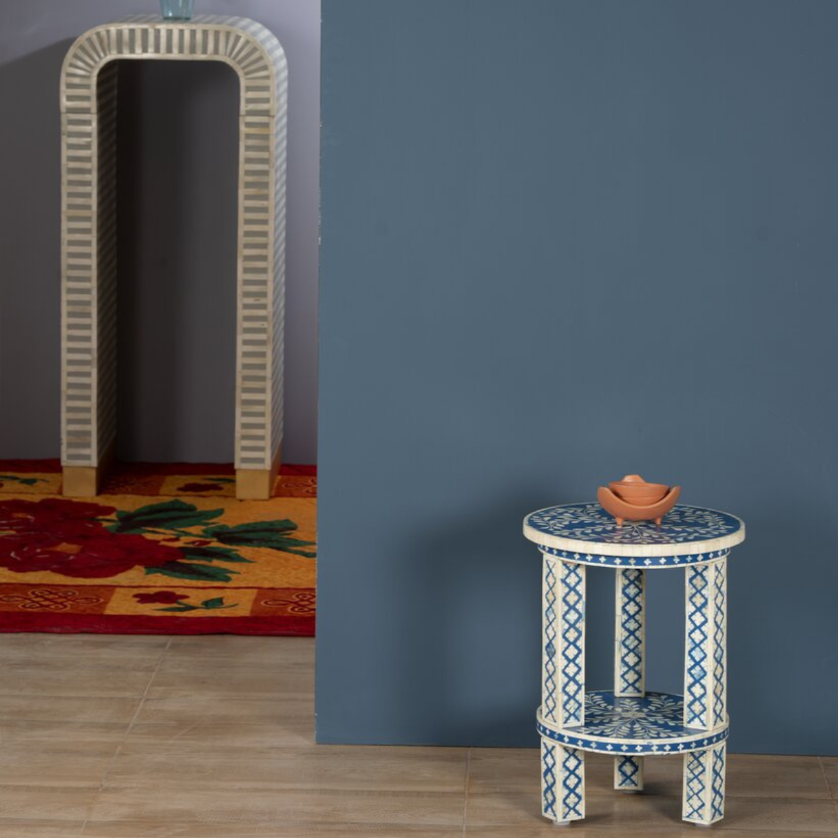Blue Bone Inlay Round Side Table | Handmade Two-Tier Accent End Table