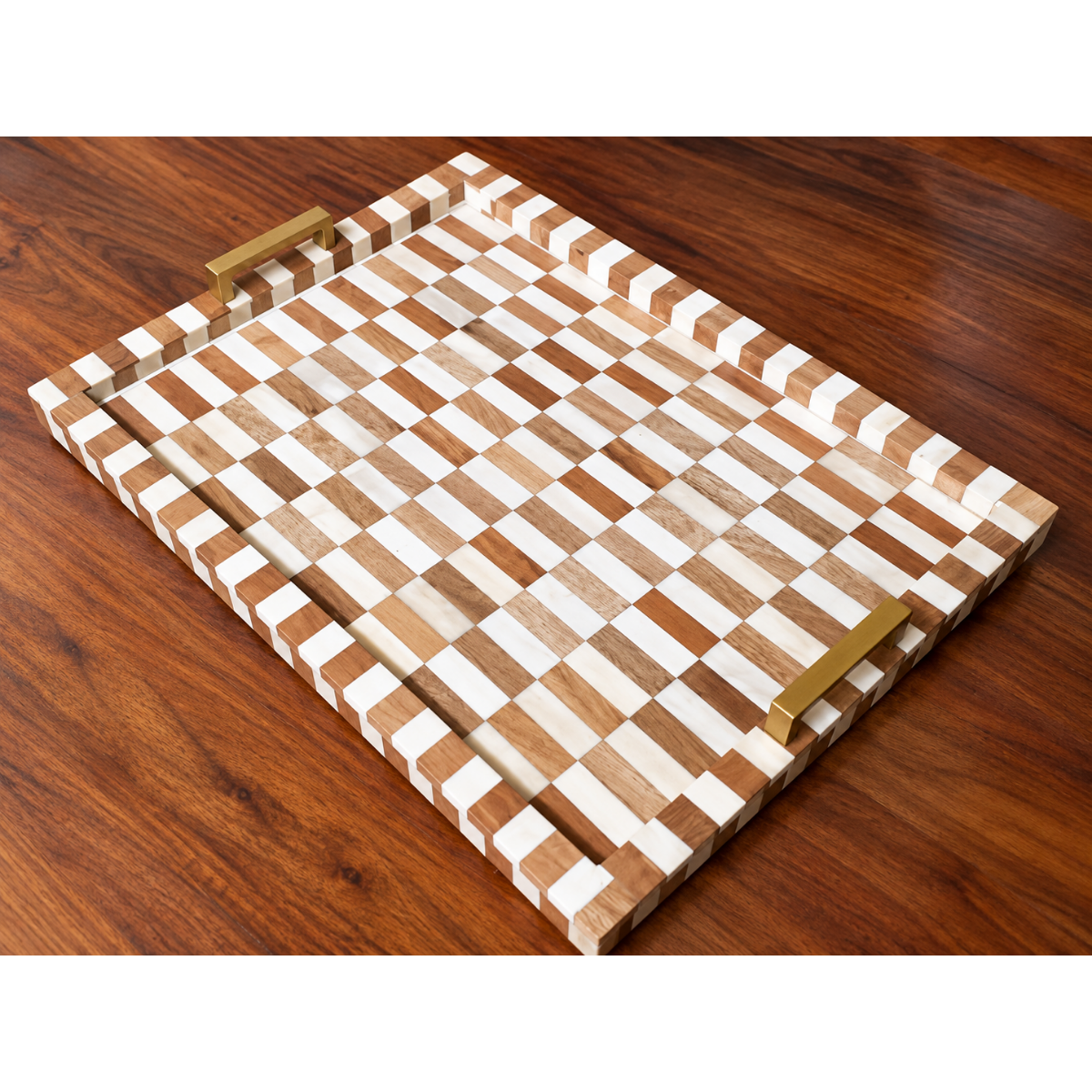 Handmade Wood & White Bone Inlay Serving Tray – Checkered Design with Brass Handles