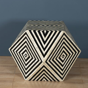 Black Geometric Bone Inlay Hexagon Side Table | Handmade Accent End Table
