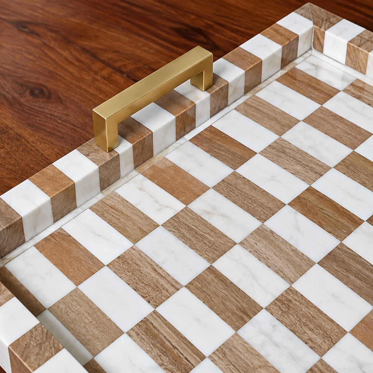 Handmade Wood & White Bone Inlay Serving Tray – Checkered Design with Brass Handles