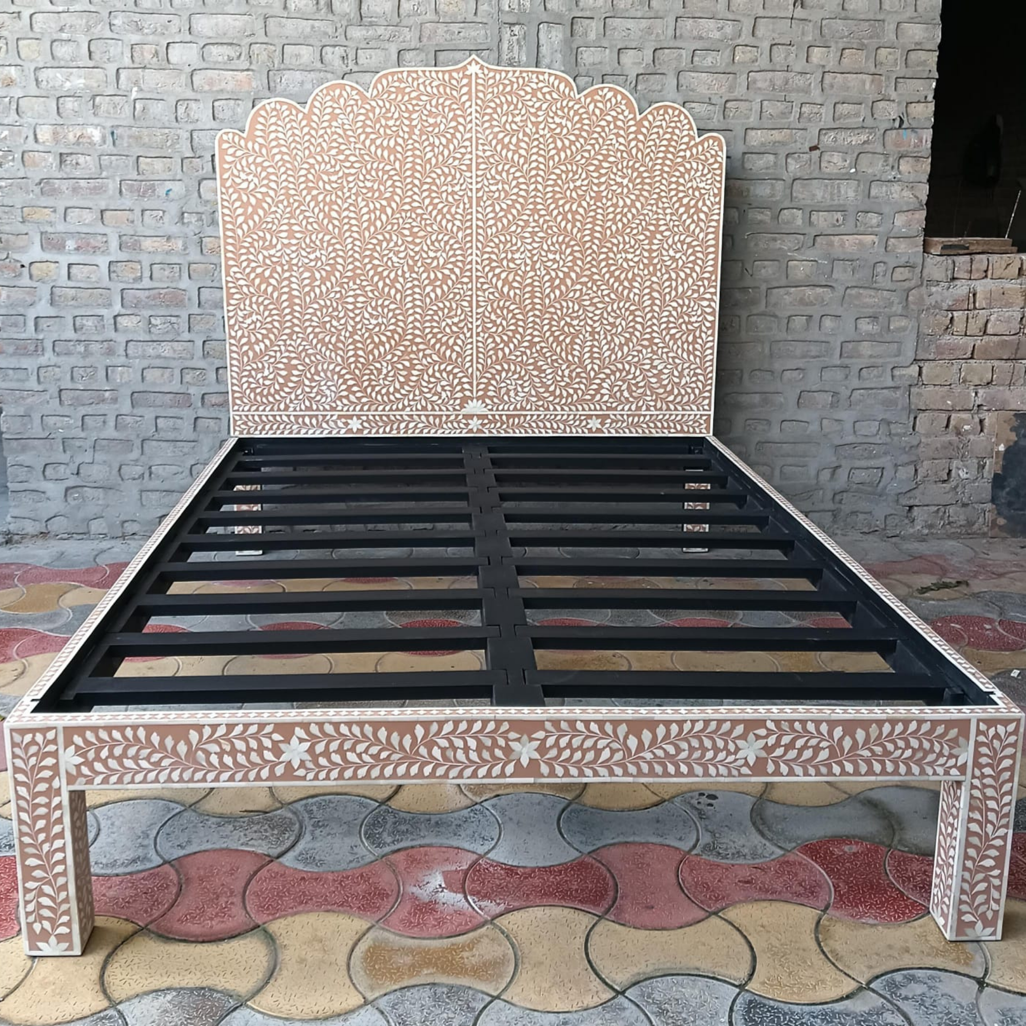 Handmade Bone Inlay Bed Frame with Floral Headboard | Luxury Queen & King Size Bed
