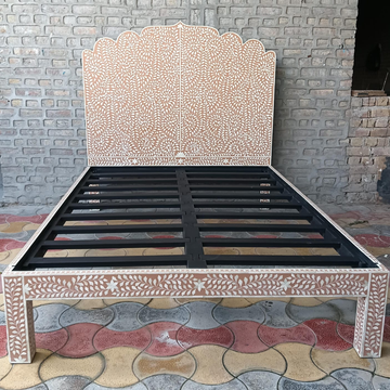 Handmade Bone Inlay Bed Frame with Floral Headboard | Luxury Queen & King Size Bed