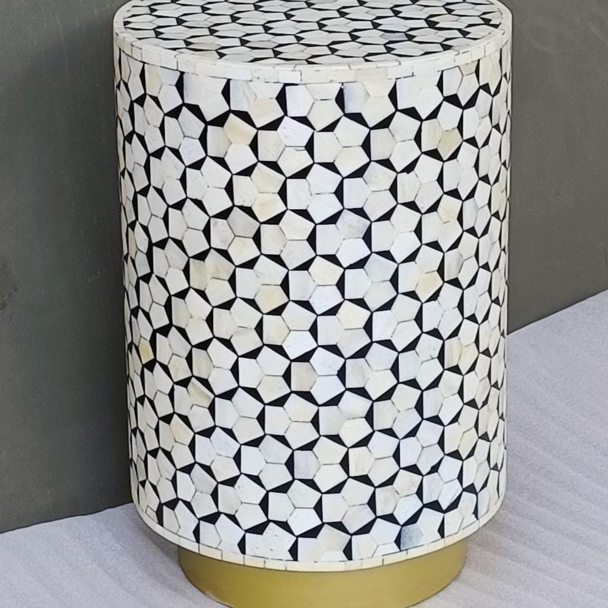 Handmade Black & White Bone Inlay Drum Side Table – Geometric Mosaic End Table with Gold Base