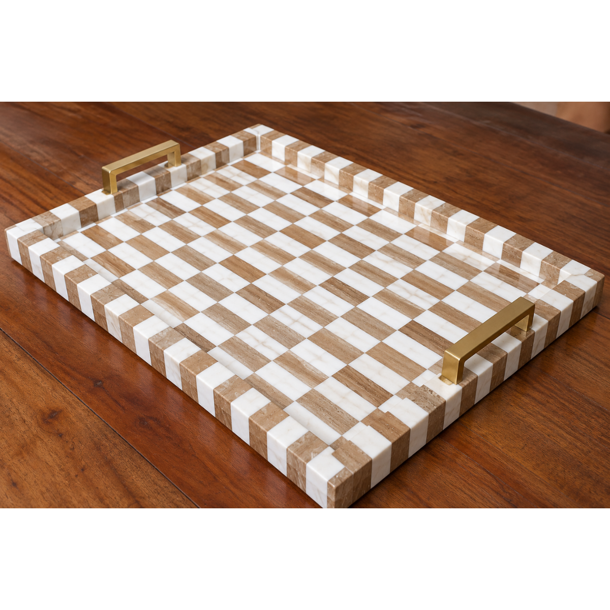 Handmade Wood & White Bone Inlay Serving Tray – Checkered Design with Brass Handles