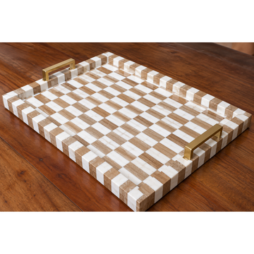 Handmade Wood & White Bone Inlay Serving Tray – Checkered Design with Brass Handles