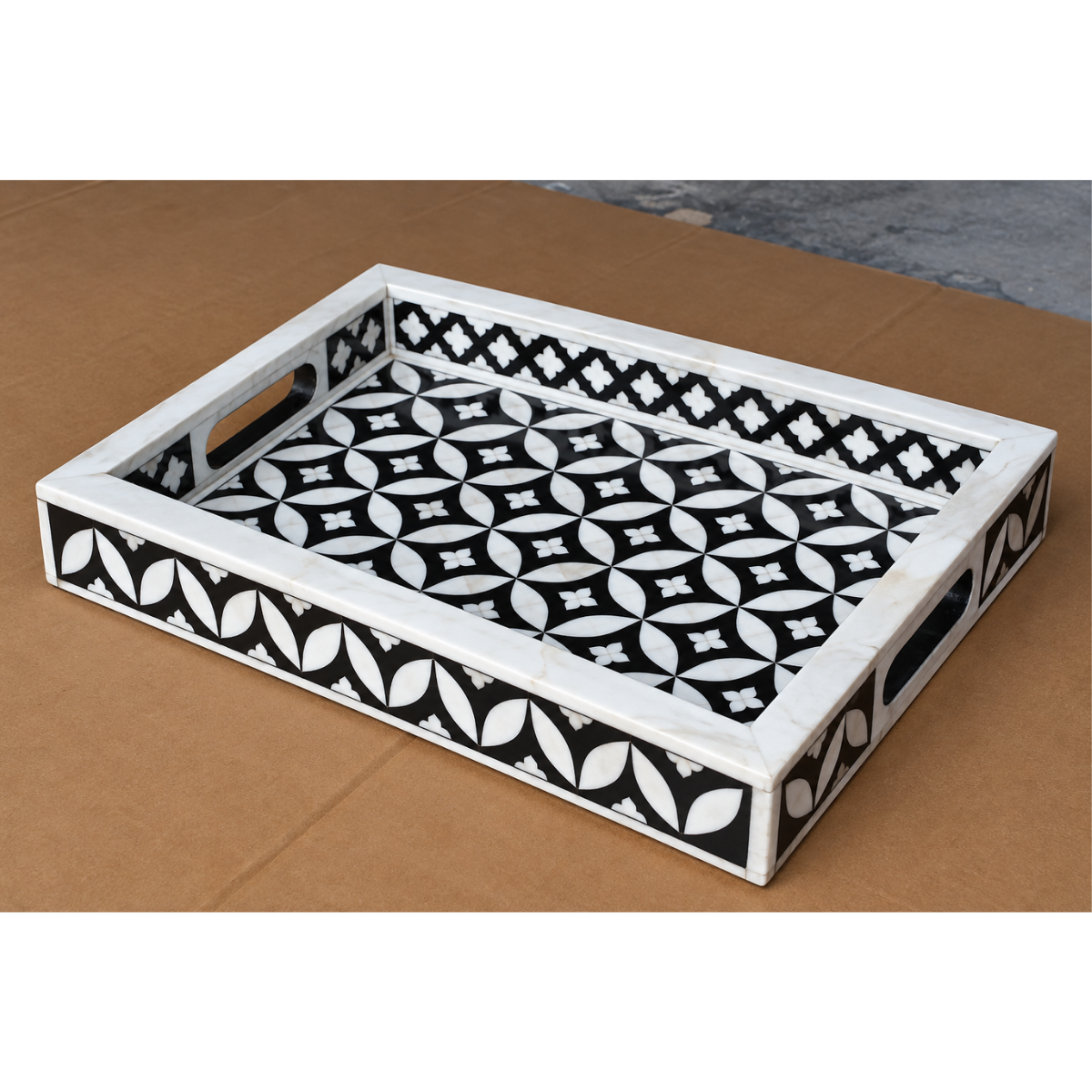 Handmade Black Bone Inlay Serving Tray – Geometric Leaf Design with Handles