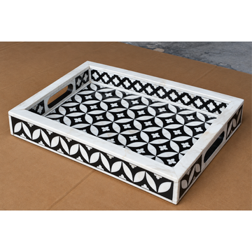 Handmade Black Bone Inlay Serving Tray – Geometric Leaf Design with Handles