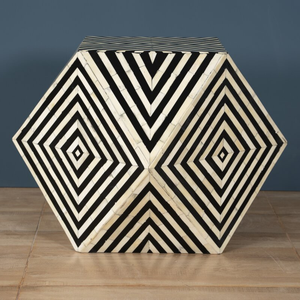 Black Geometric Bone Inlay Hexagon Side Table | Handmade Accent End Table