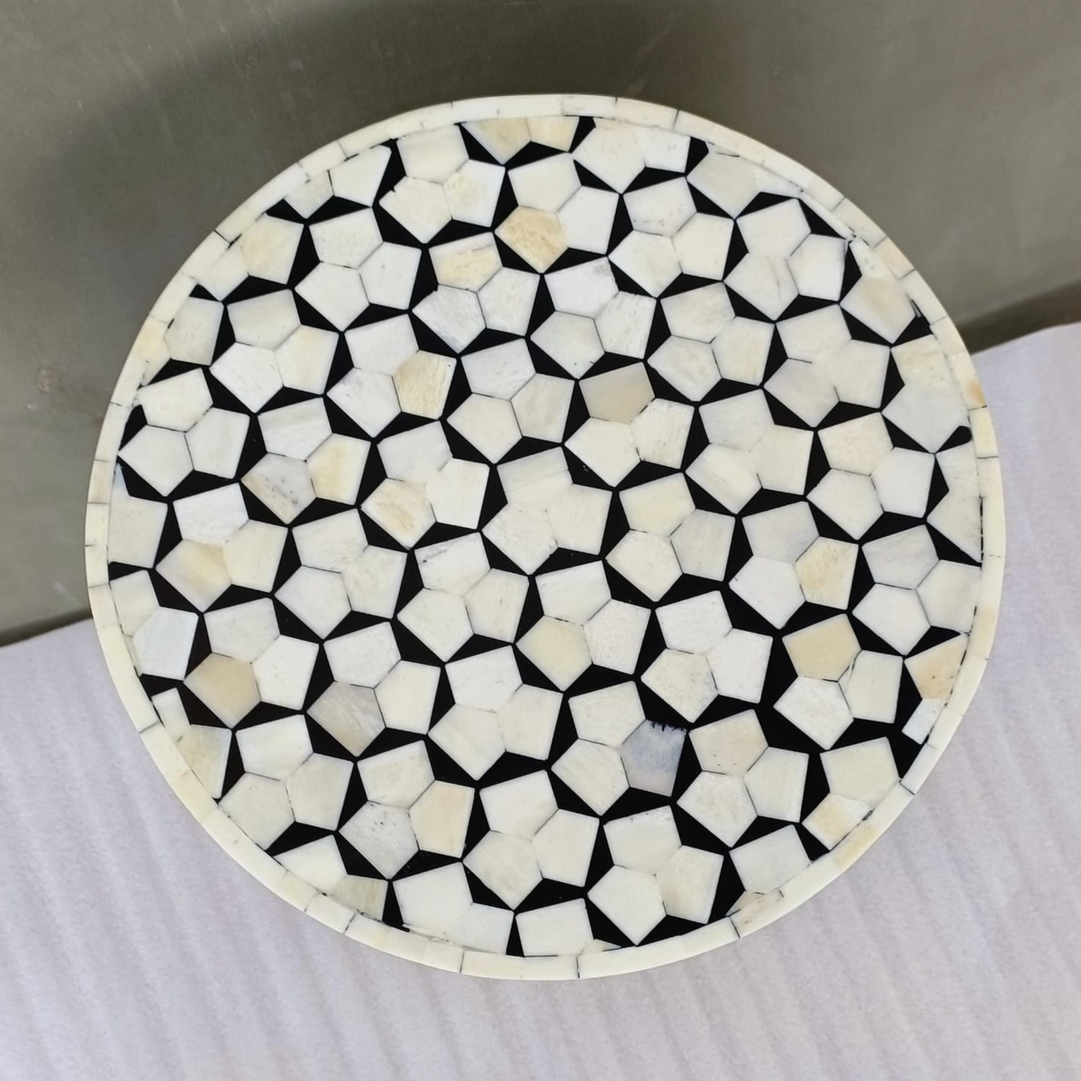 Handmade Black & White Bone Inlay Drum Side Table – Geometric Mosaic End Table with Gold Base