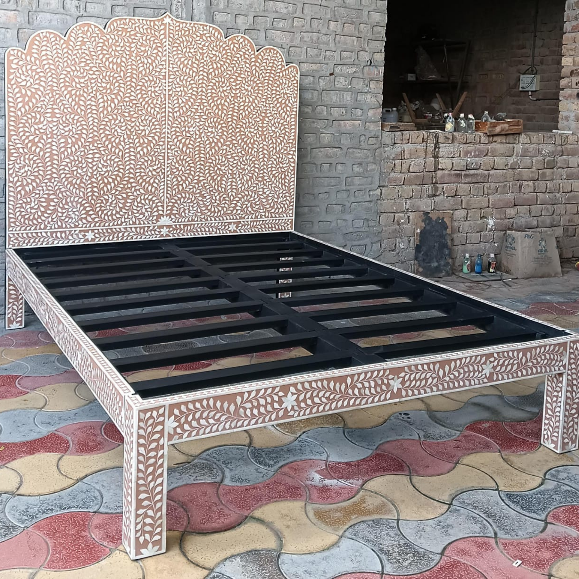 Handmade Bone Inlay Bed Frame with Floral Headboard | Luxury Queen & King Size Bed