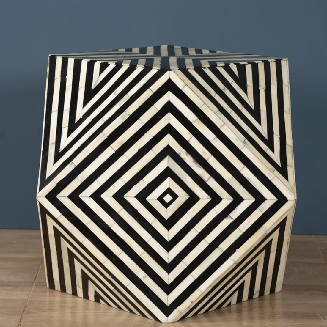 Black Geometric Bone Inlay Hexagon Side Table | Handmade Accent End Table
