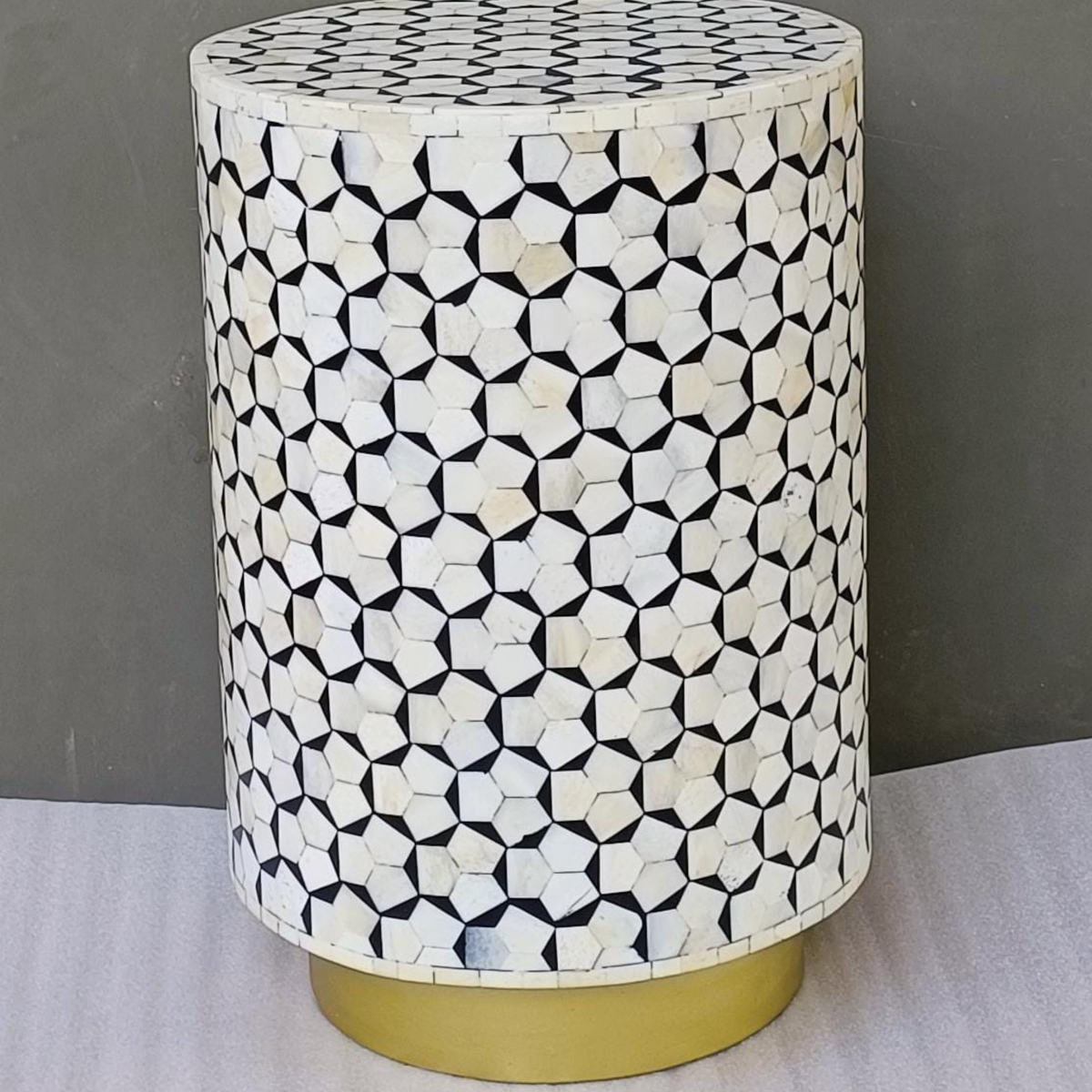 Handmade Black & White Bone Inlay Drum Side Table – Geometric Mosaic End Table with Gold Base