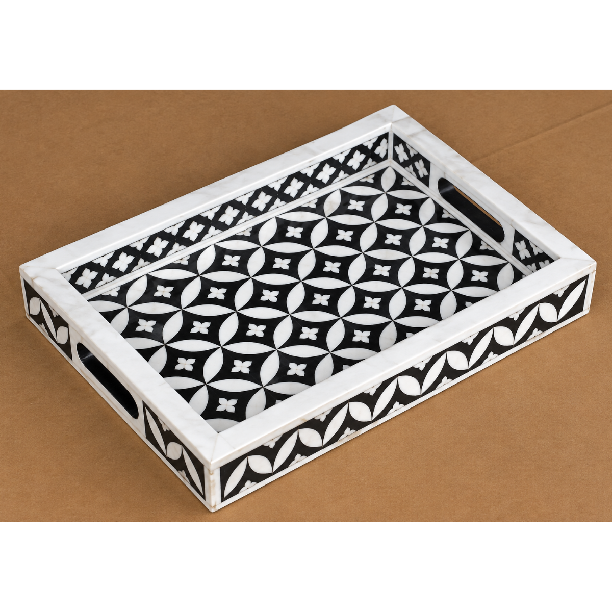 Handmade Black Bone Inlay Serving Tray – Geometric Leaf Design with Handles