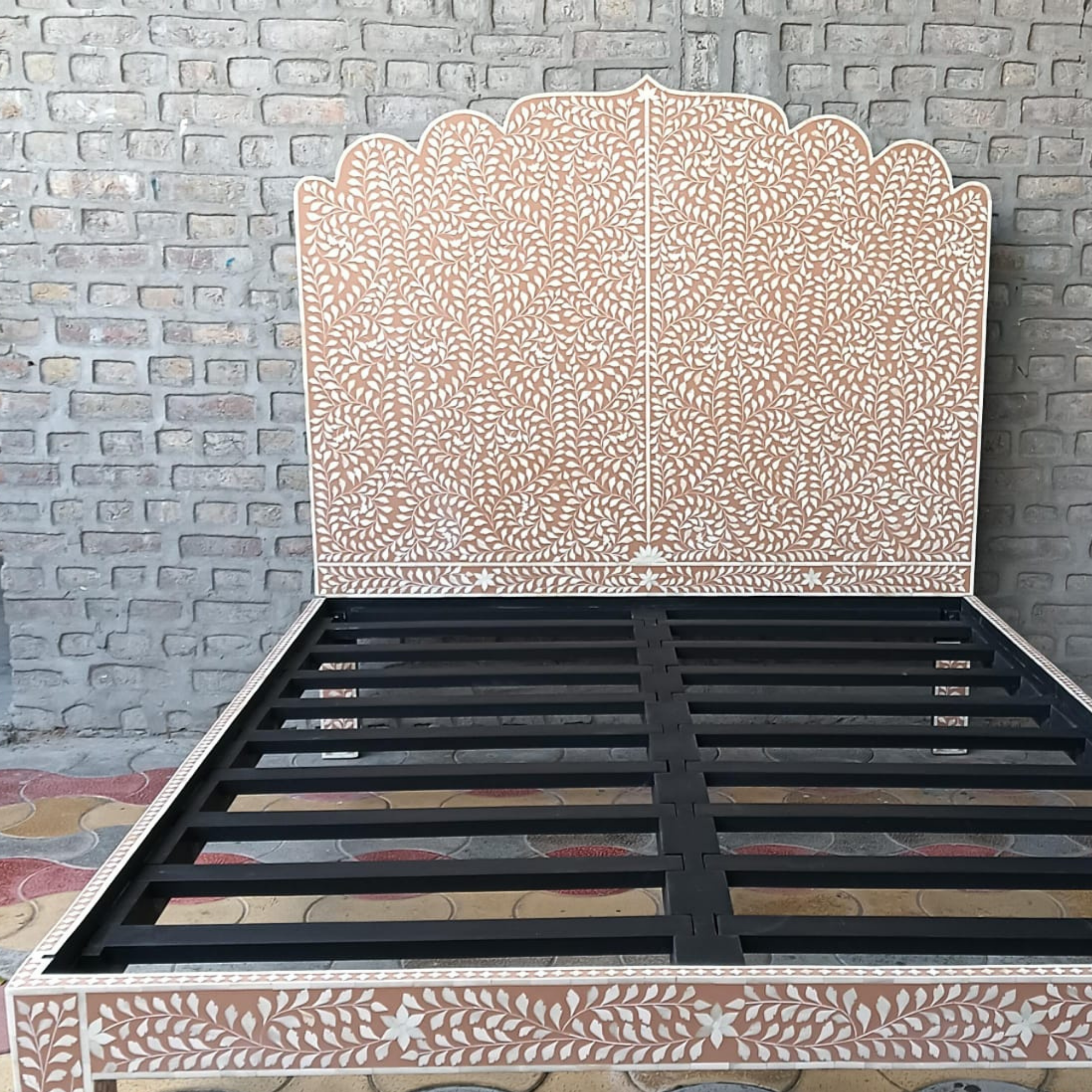 Handmade Bone Inlay Bed Frame with Floral Headboard | Luxury Queen & King Size Bed