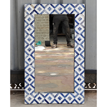 Handmade Blue & White Bone Inlay Mirror – Geometric Diamond Rectangular Wall Mirror