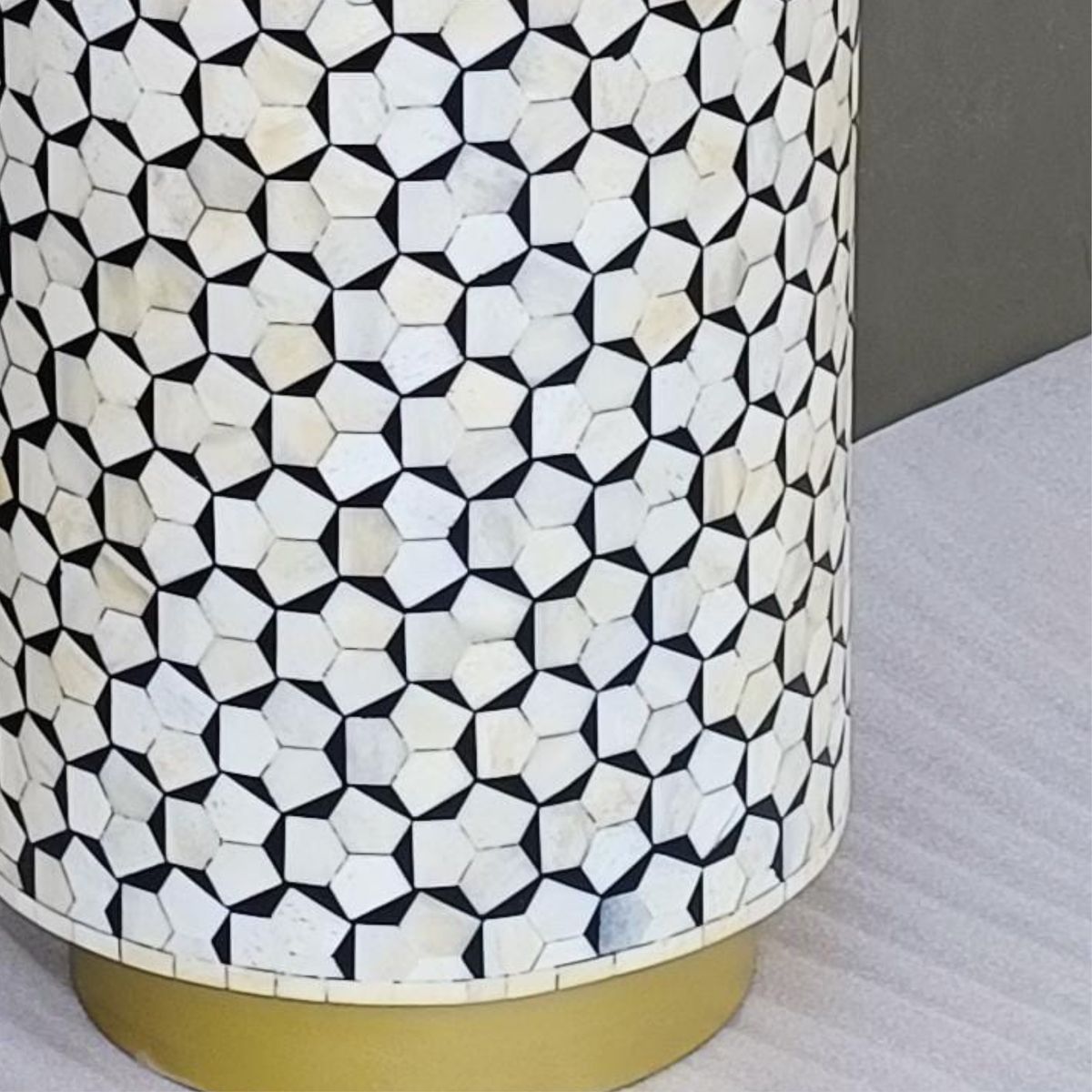 Handmade Black & White Bone Inlay Drum Side Table – Geometric Mosaic End Table with Gold Base