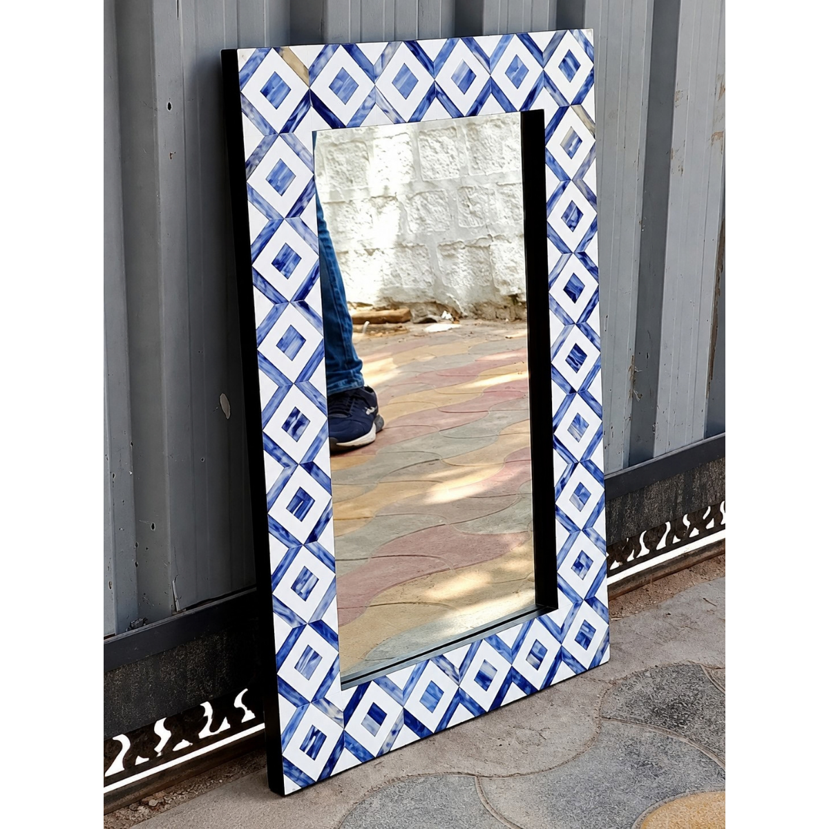 Handmade Blue & White Bone Inlay Mirror – Geometric Diamond Rectangular Wall Mirror