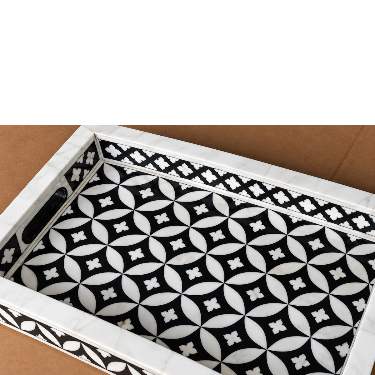 Handmade Black Bone Inlay Serving Tray – Geometric Leaf Design with Handles
