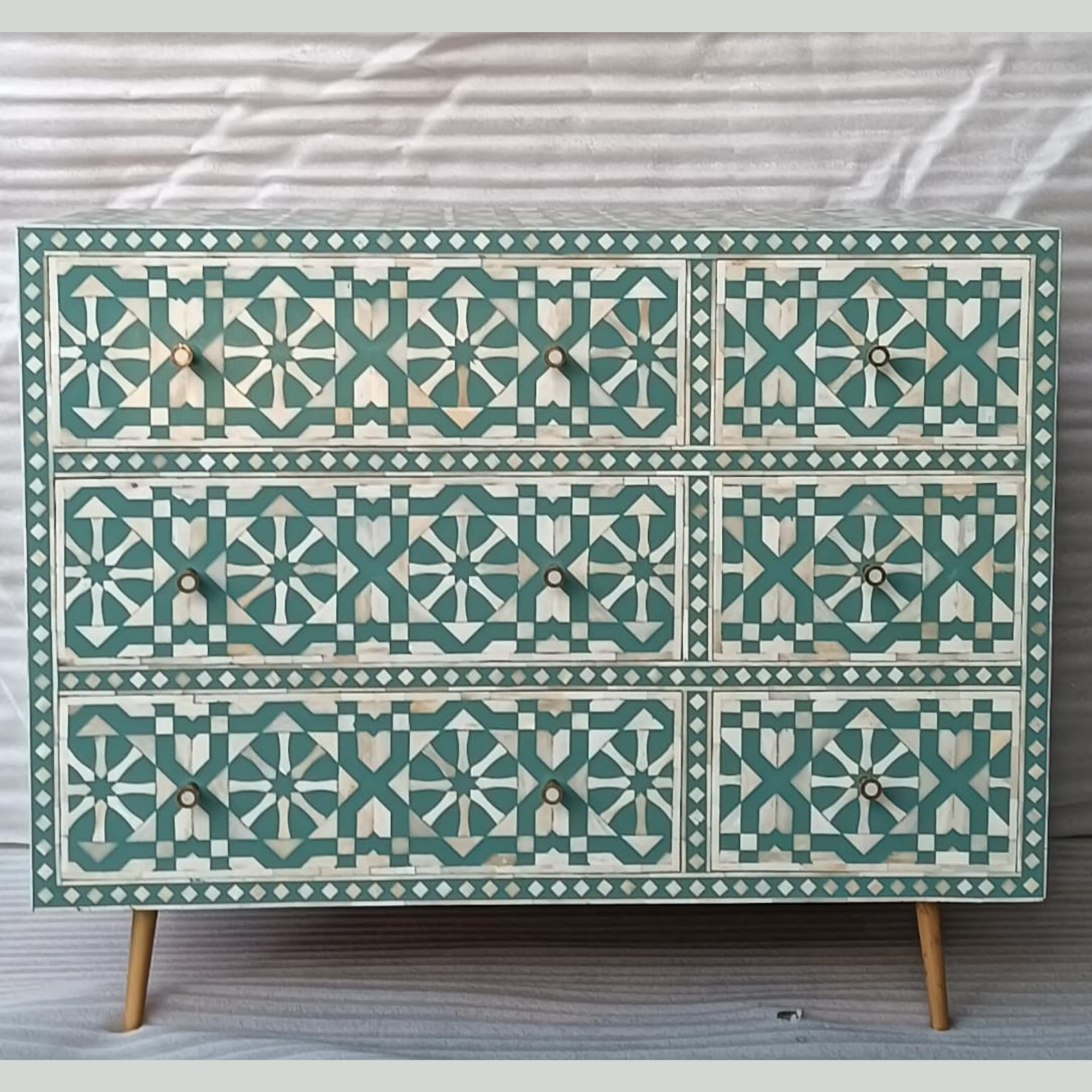 Turquoise Arrow Bone Inlay Sideboard Cabinet | Handmade 6 Drawer Storage Chest