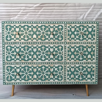 Turquoise Arrow Bone Inlay Sideboard Cabinet | Handmade 6 Drawer Storage Chest