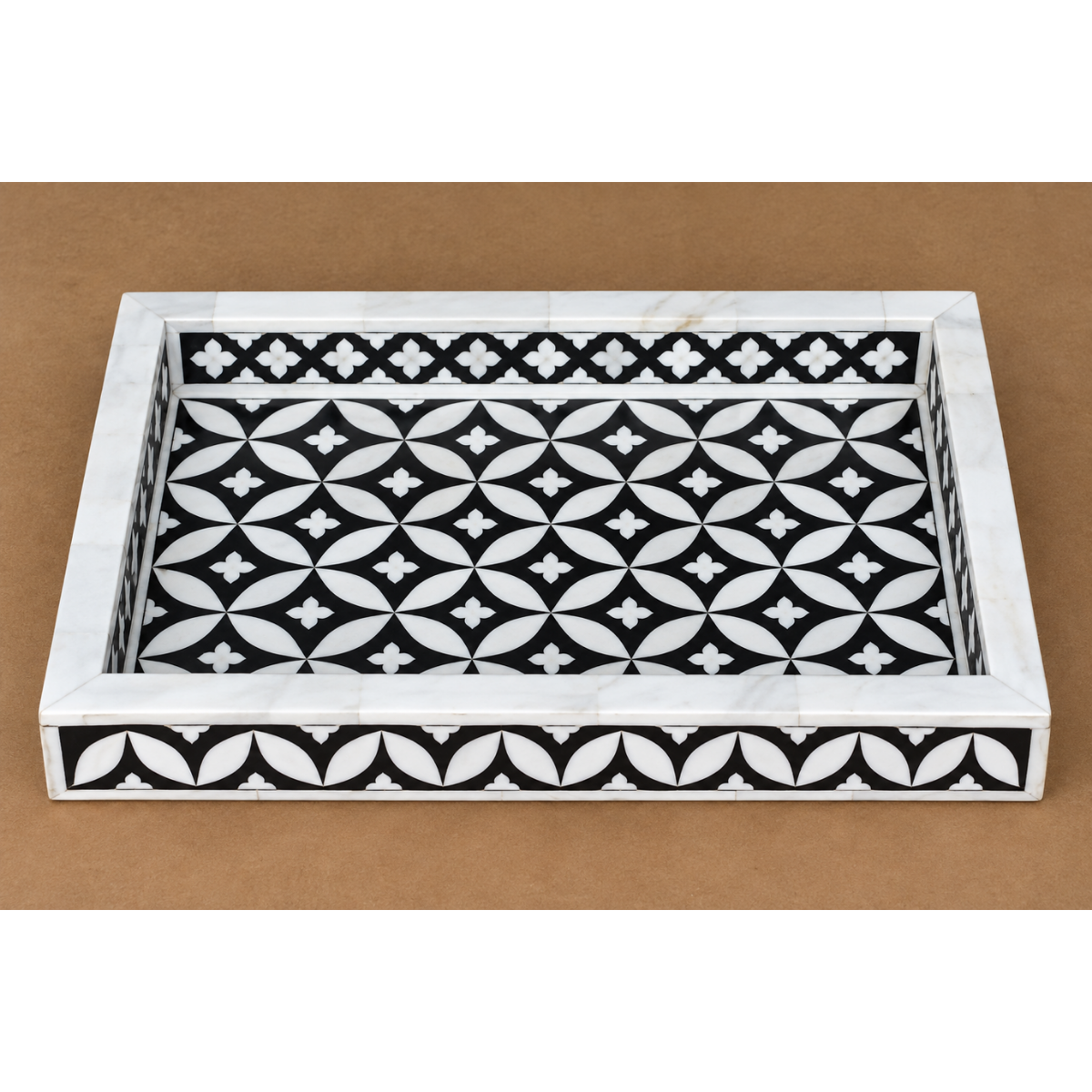 Handmade Black Bone Inlay Serving Tray – Geometric Leaf Design with Handles