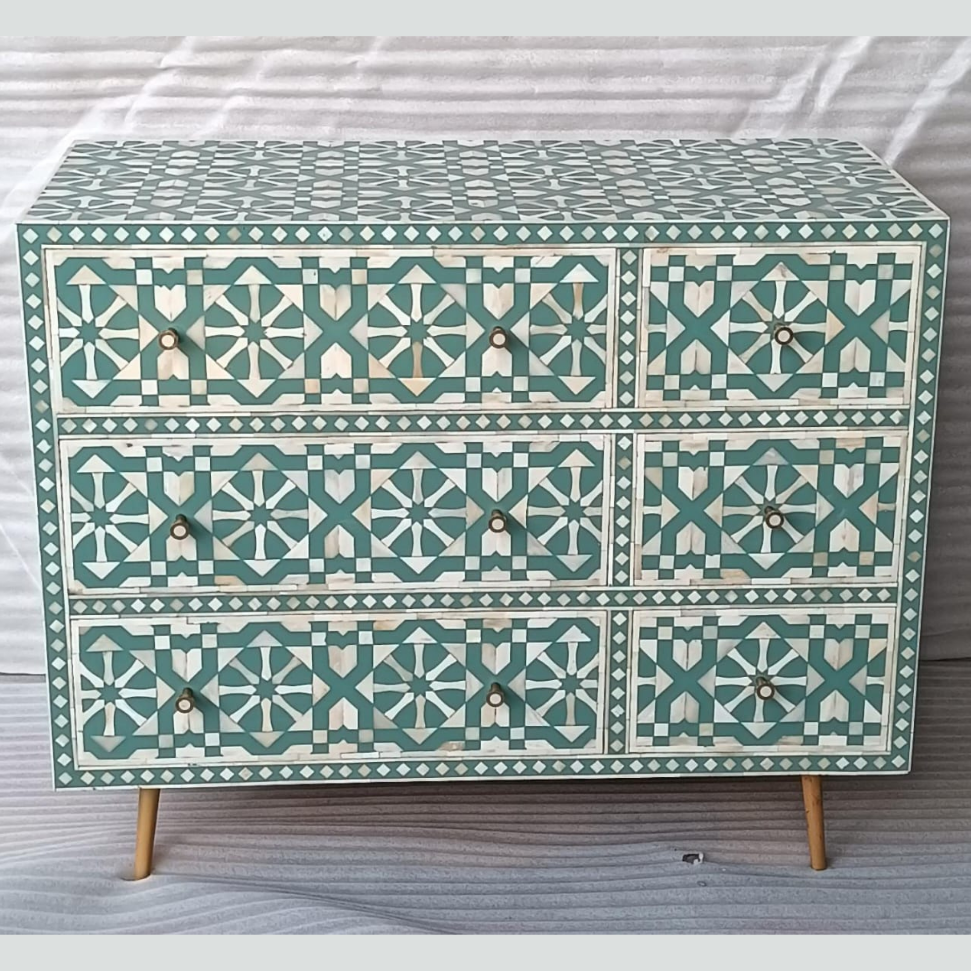 Turquoise Arrow Bone Inlay Sideboard Cabinet | Handmade 6 Drawer Storage Chest