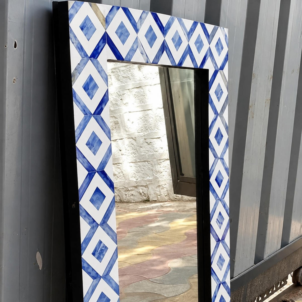 Handmade Blue & White Bone Inlay Mirror – Geometric Diamond Rectangular Wall Mirror