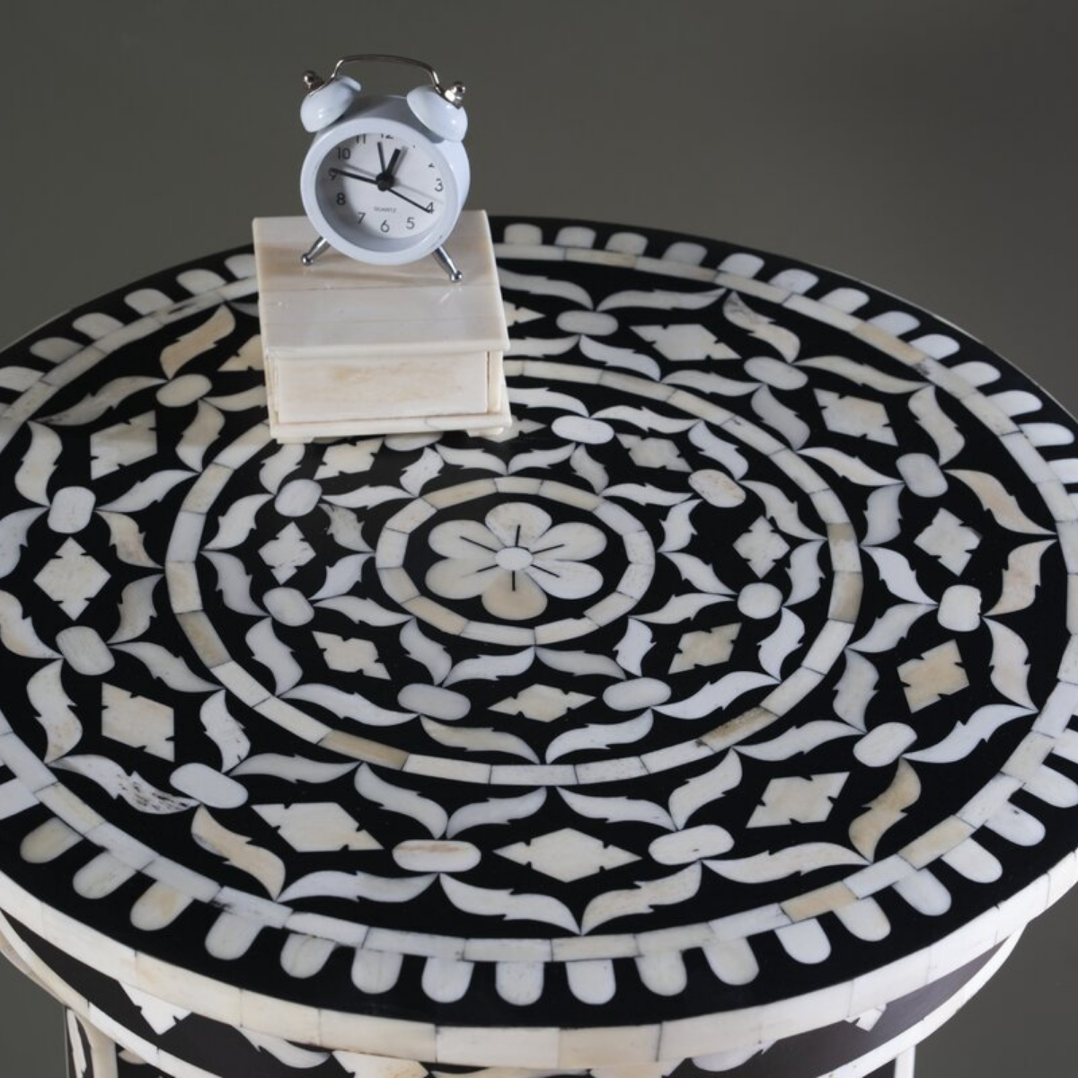 Black Bone Inlay Round Pedestal Side Table | Handmade Accent End Table