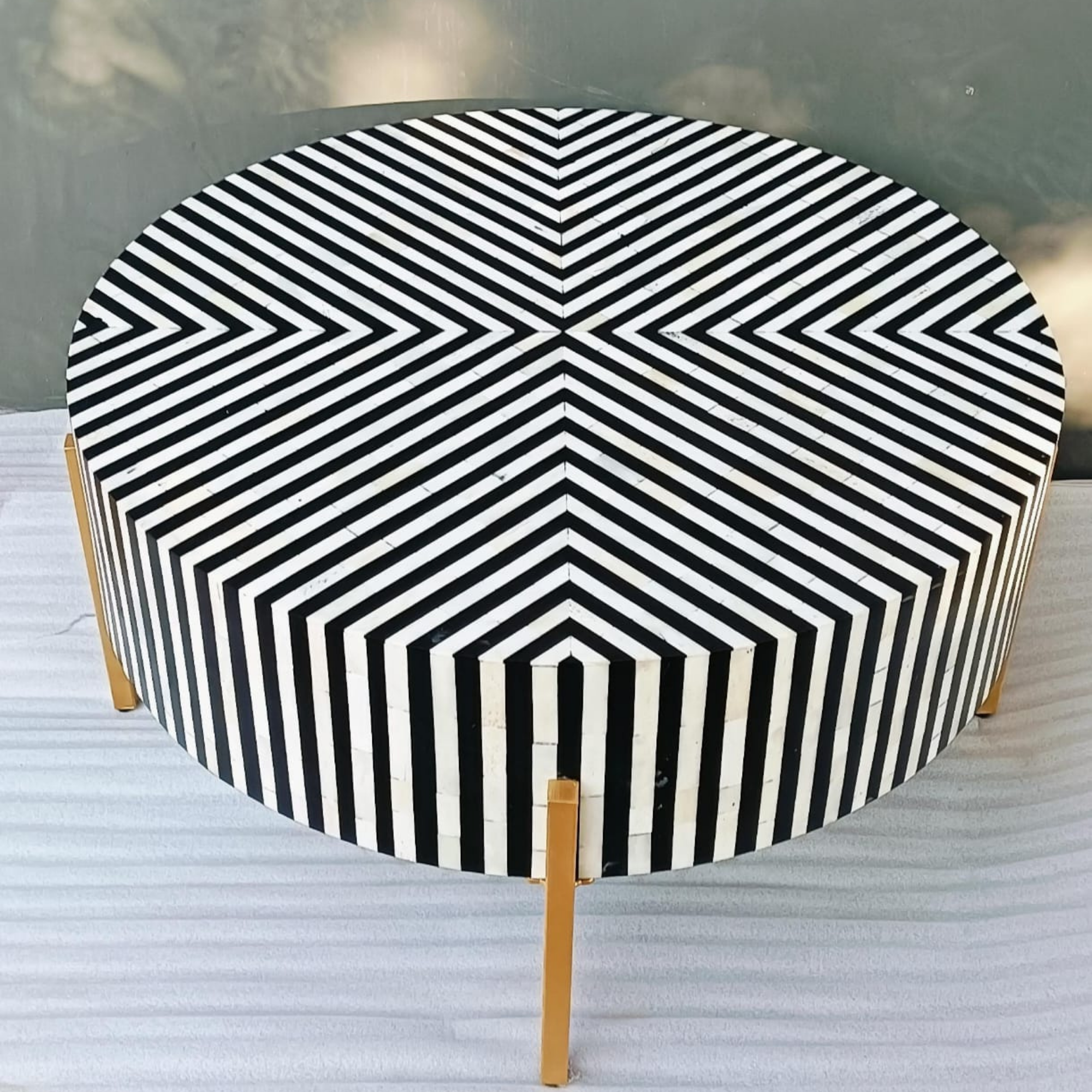 Black and White Striped Bone Inlay Round Coffee Table with Gold Legs | Modern Geometric Center Table