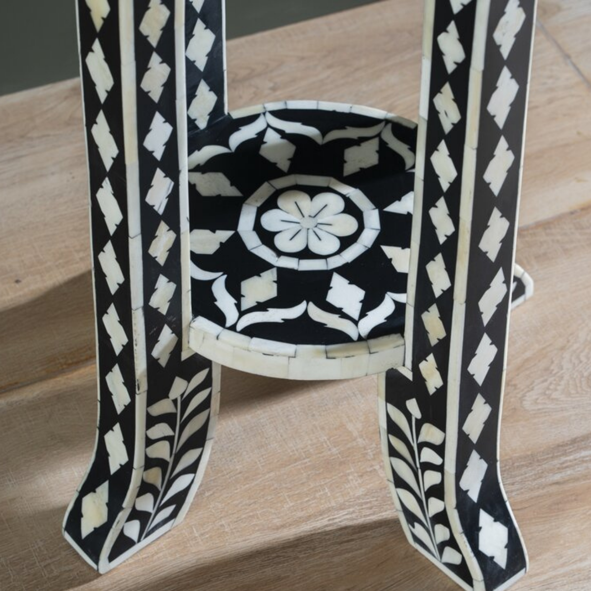 Black Bone Inlay Round Pedestal Side Table | Handmade Accent End Table