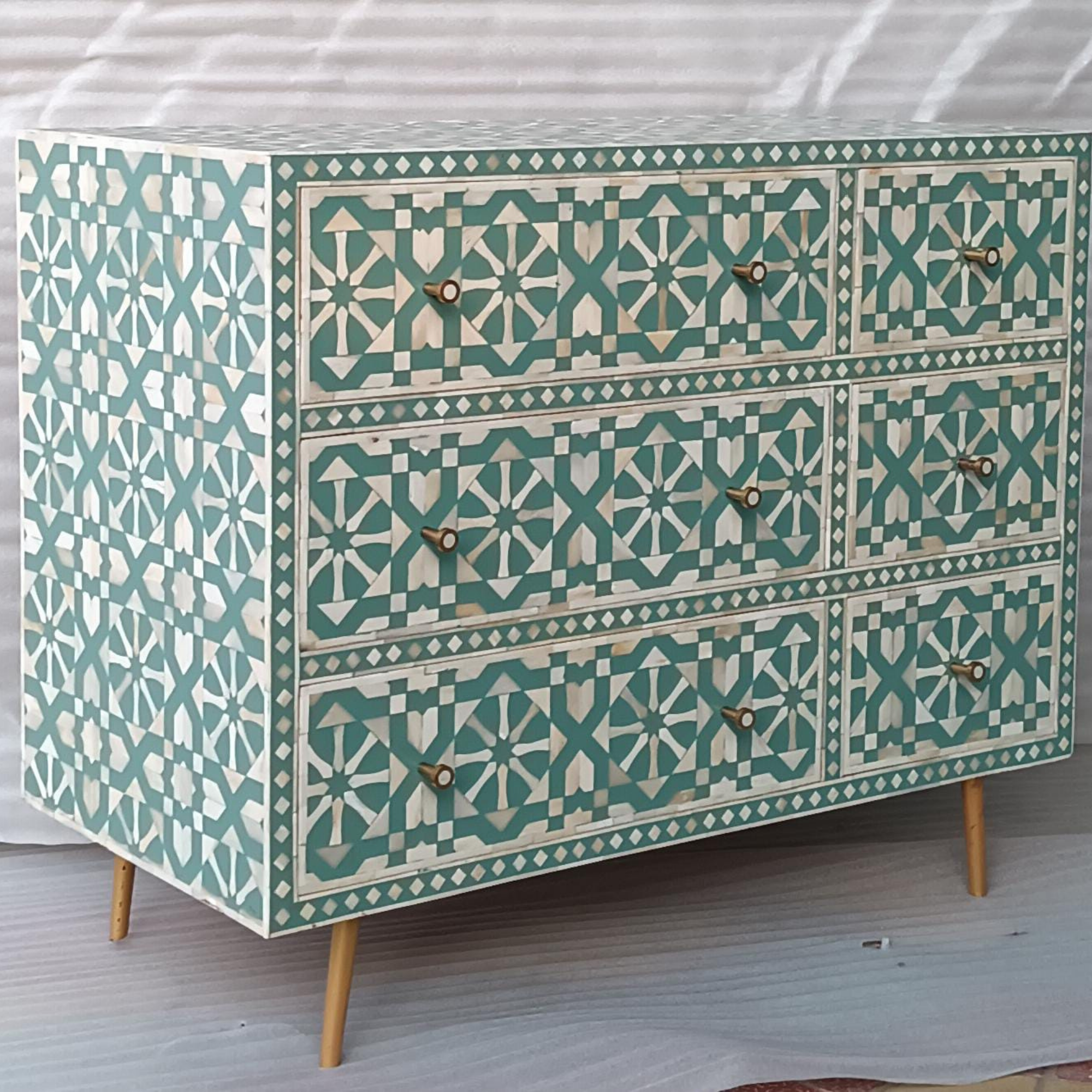 Turquoise Arrow Bone Inlay Sideboard Cabinet | Handmade 6 Drawer Storage Chest
