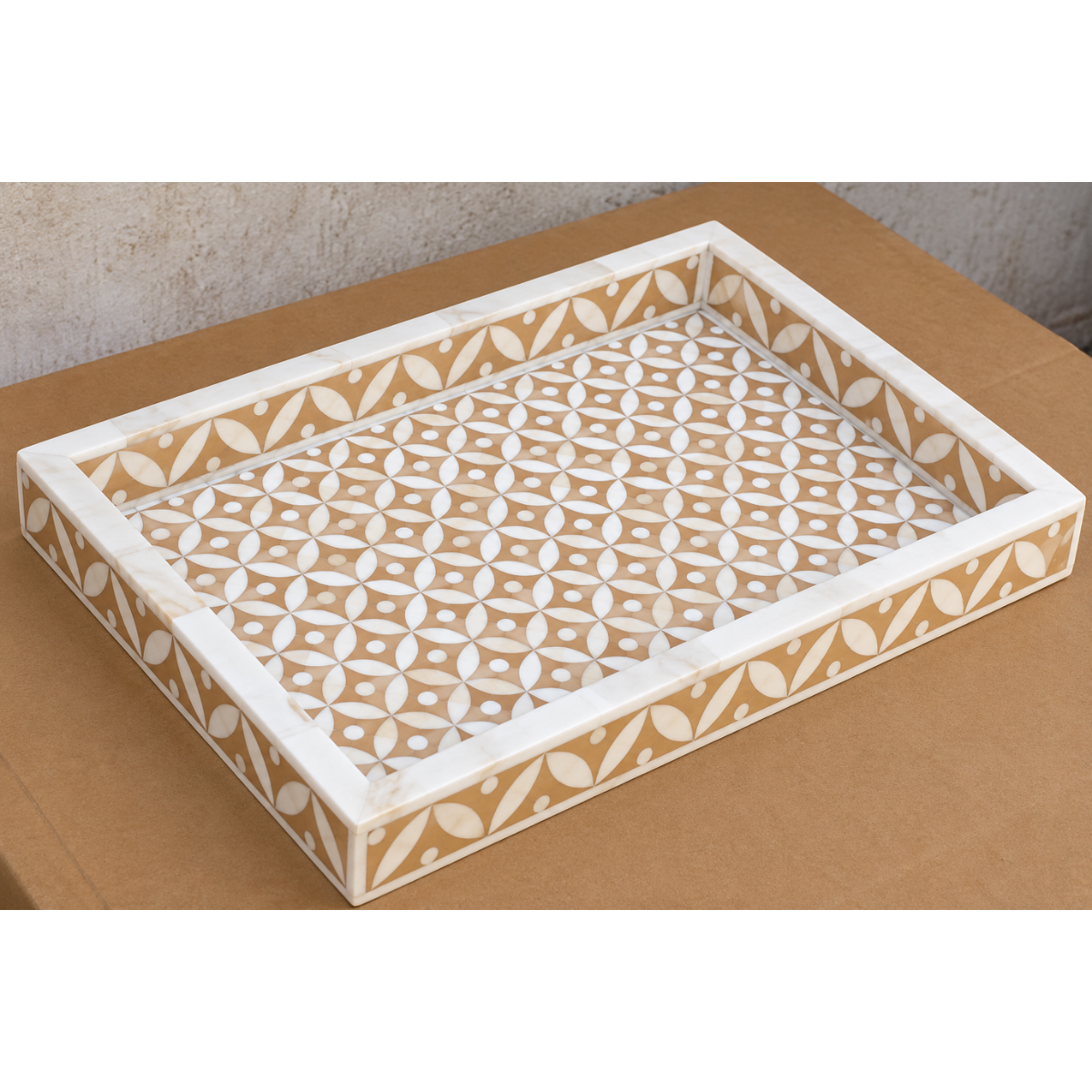 Handmade Beige Bone Inlay Serving Tray – Geometric Leaf Pattern Decorative Tray