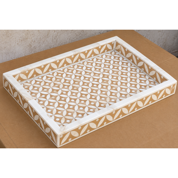 Handmade Beige Bone Inlay Serving Tray – Geometric Leaf Pattern Decorative Tray
