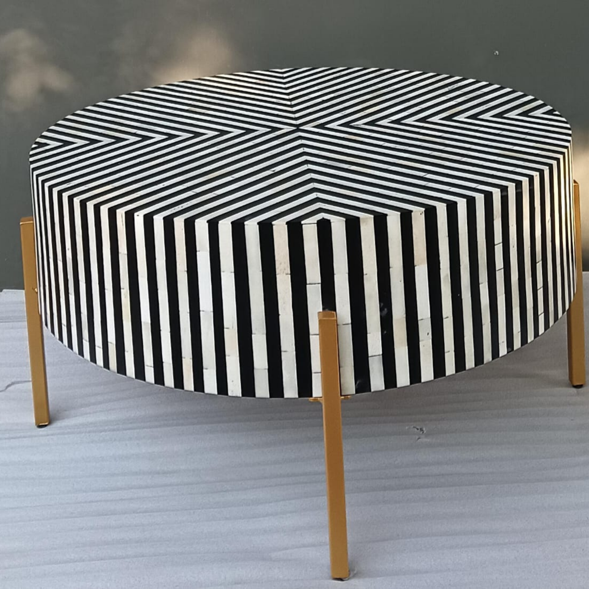 Black and White Striped Bone Inlay Round Coffee Table with Gold Legs | Modern Geometric Center Table