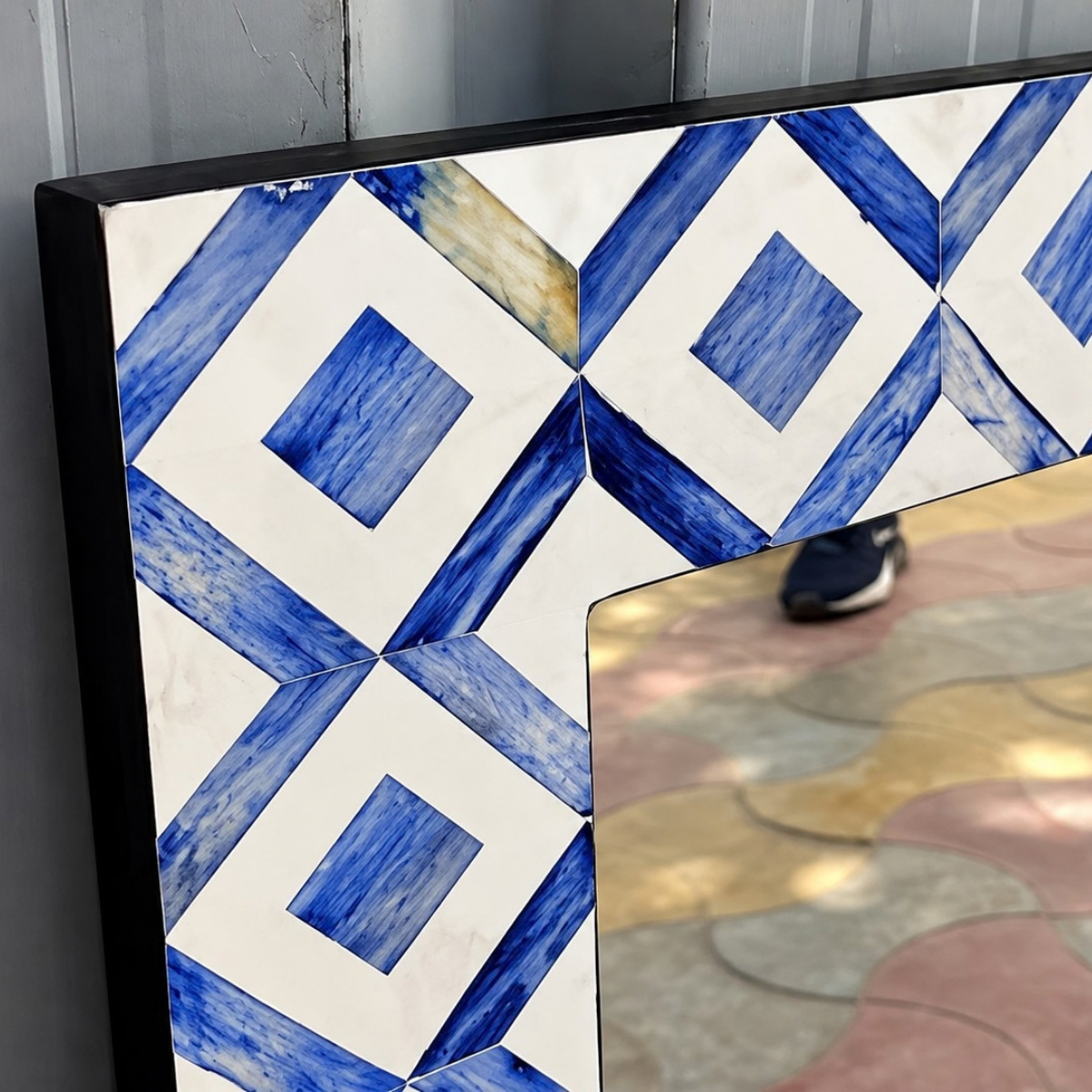 Handmade Blue & White Bone Inlay Mirror – Geometric Diamond Rectangular Wall Mirror