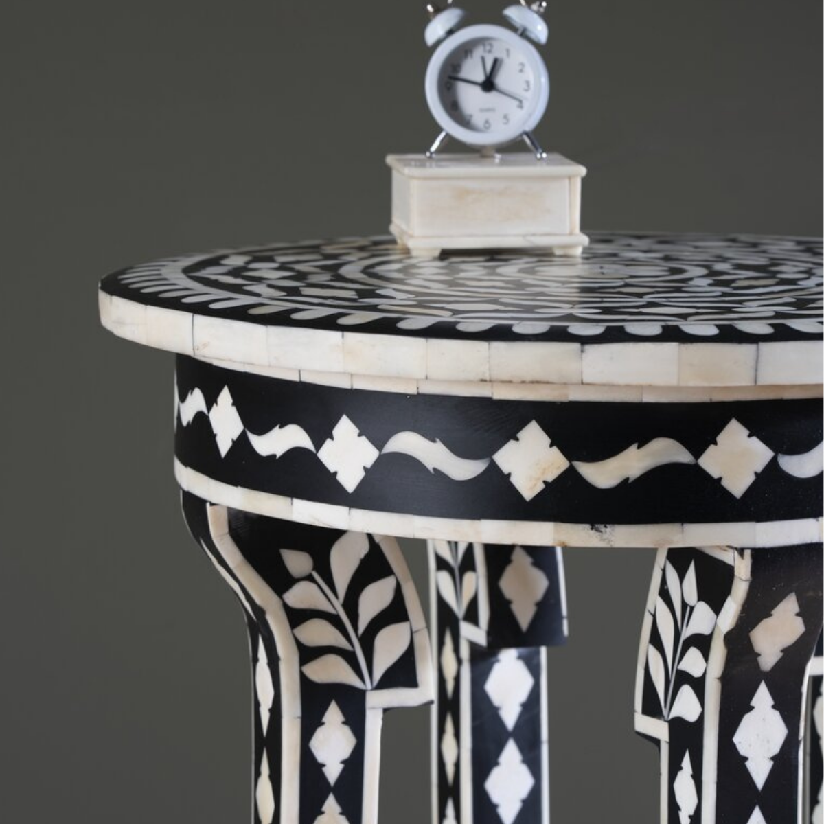 Black Bone Inlay Round Pedestal Side Table | Handmade Accent End Table