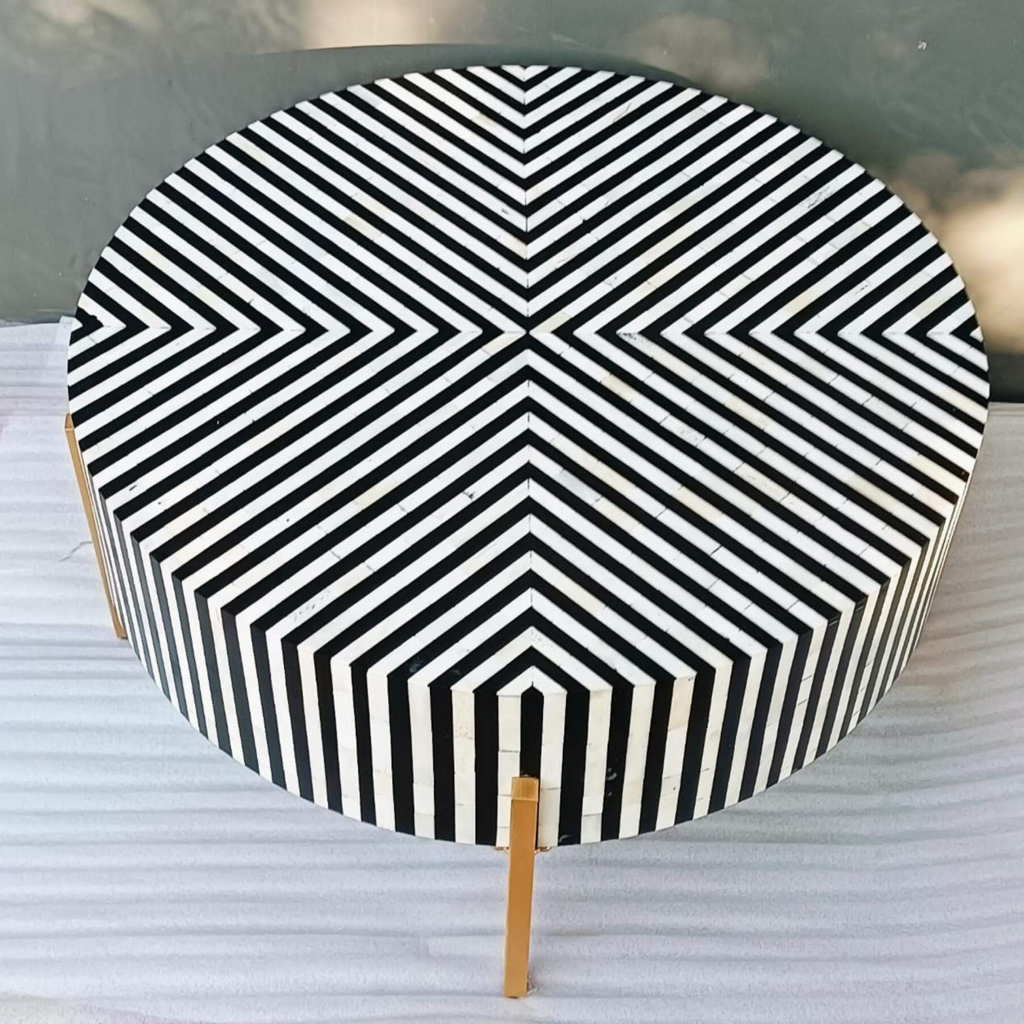 Black and White Striped Bone Inlay Round Coffee Table with Gold Legs | Modern Geometric Center Table