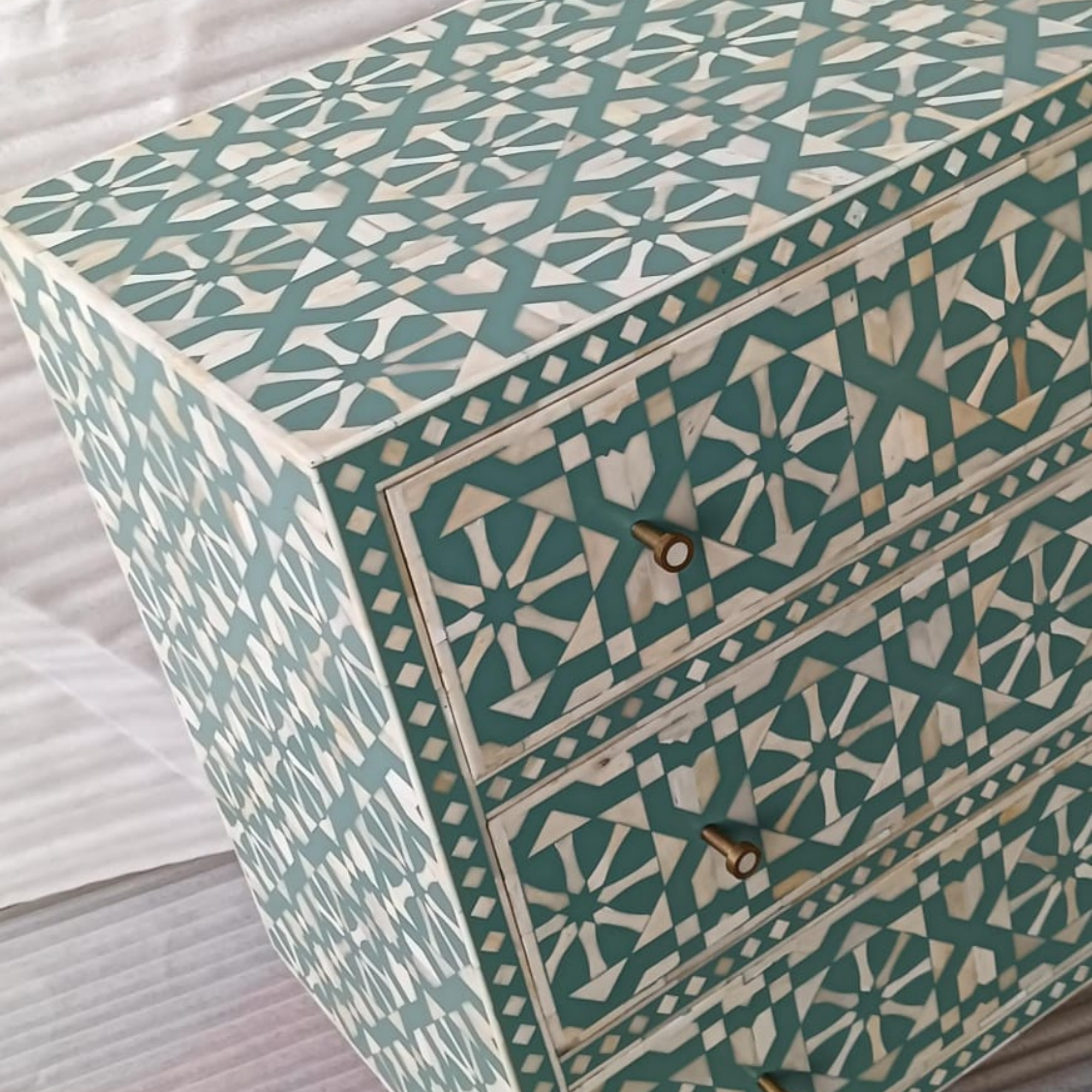 Turquoise Arrow Bone Inlay Sideboard Cabinet | Handmade 6 Drawer Storage Chest