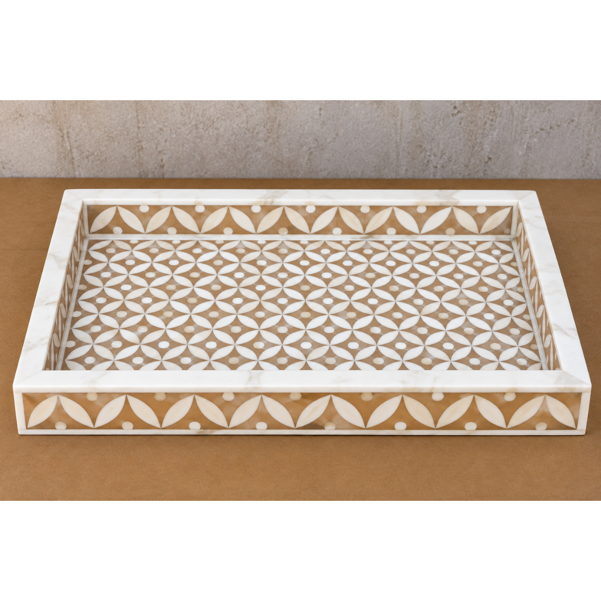 Handmade Beige Bone Inlay Serving Tray – Geometric Leaf Pattern Decorative Tray